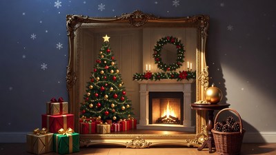 Christmas Tree by Ornate Fireplace