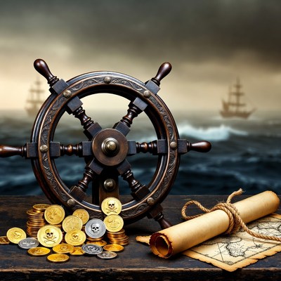 Pirate Ship Wheel with Treasure Map Coins