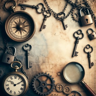 Vintage Keys Compass Map Gears
