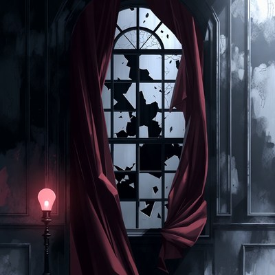 Broken Window with Red Curtains