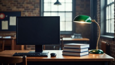 Desk with Computer Green Lamp Books