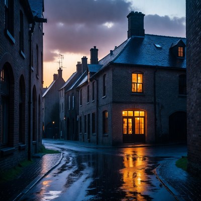 Wet Cobblestone Street in Twilight Village