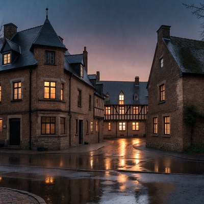 Wet Courtyard in European Village at Dusk