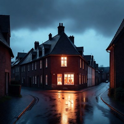 Lit Corner House on Wet Street