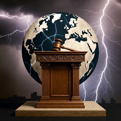 Gavel on Podium with Earth and Lightning