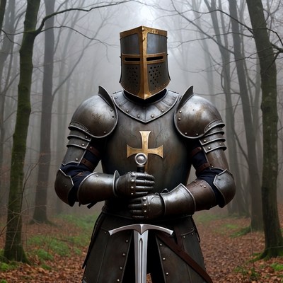 Knight in armor holding sword in foggy forest