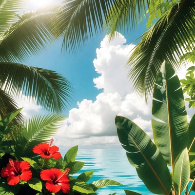 Tropical Beach with Palm Trees and Hibiscus