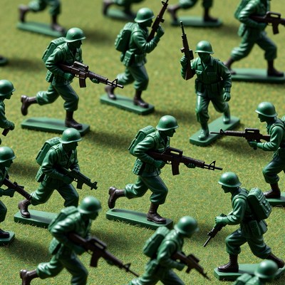 Plastic toy soldiers marching on grass