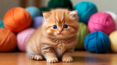 Orange Kitten with Colorful Yarn Balls