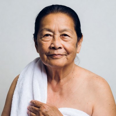 Elderly Asian woman with white towel