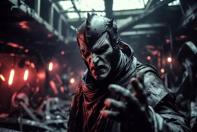 Menacing spiked helmet warrior in ruins