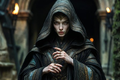 Woman in hooded fantasy robe