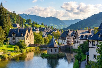Half-timbered village by river