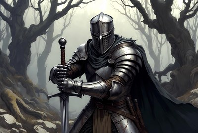Knight Holding Sword in Dark Forest