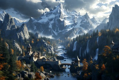 Medieval Castle in Snowy Mountains