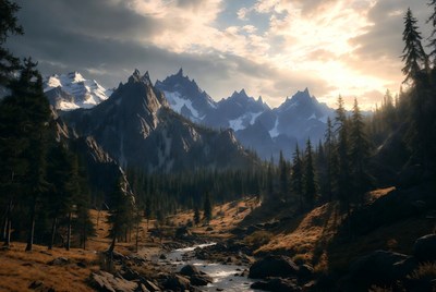 Snowy Mountains with River and Forest