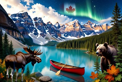 Moraine Lake with Moose, Bear, Canoe