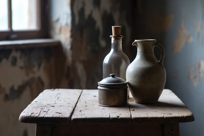 Vintage Glass Bottle and Clay Jug