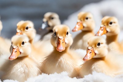 Cute fluffy ducklings on snow