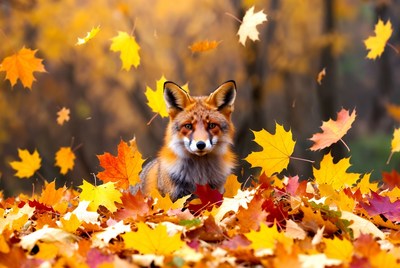 Red fox in autumn leaves