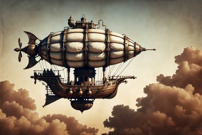 Steampunk Airship Flying in Clouds