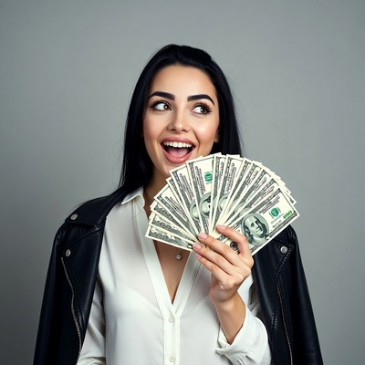 Excited woman fanning cash