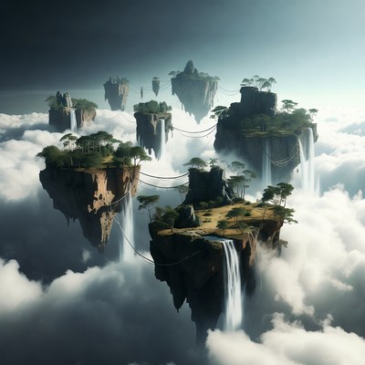 Floating Islands with Waterfalls in Clouds