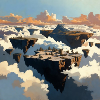Floating Islands in Sunset Clouds