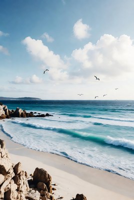 Seagulls flying over ocean beach