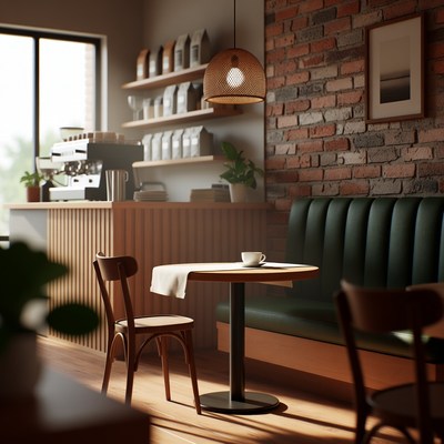 Cozy cafe interior with table and cup