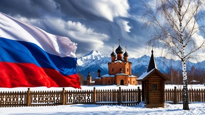 Russian Flag with Orthodox Church Snowy Mountains