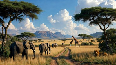 African Savanna Elephants Giraffes Lions
