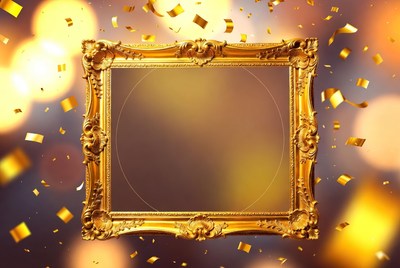Golden ornate frame with confetti