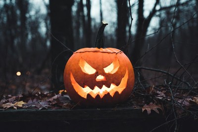 Lit Jack-o'-lantern in Dark Forest