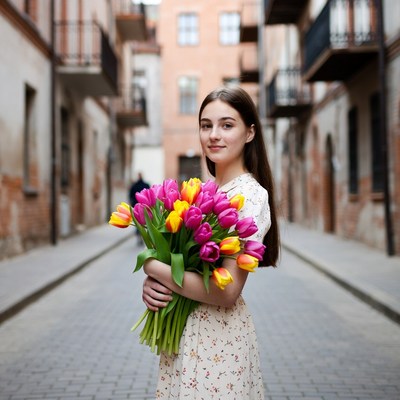 Girl holding tulips in cobblestone alley
