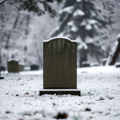 Snowy Grave Stone in Cemetery