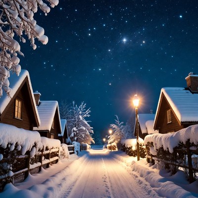 Snowy Village Street Under Starry Night Sky