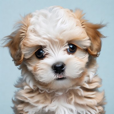 Cute fluffy puppy on blue background