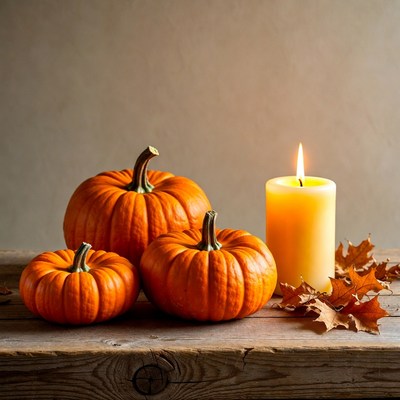 Pumpkins and Candle on Wooden Table