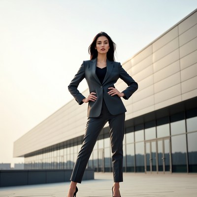 Woman in gray suit standing confidently