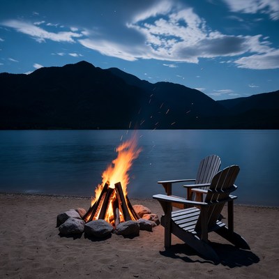 Campfire and Adirondack Chair by Lakeside