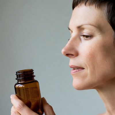 Woman smelling essential oil bottle