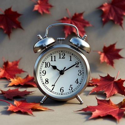 Silver Alarm Clock with Autumn Leaves