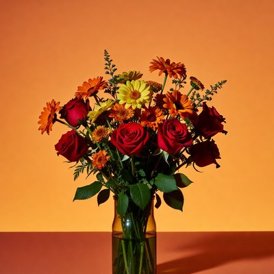 Vibrant bouquet of red roses and orange daisies