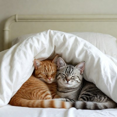 Orange and Gray Kittens Cuddling Under Blanket