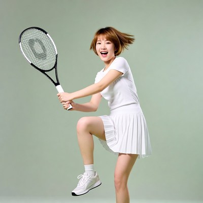 Asian woman swinging tennis racket