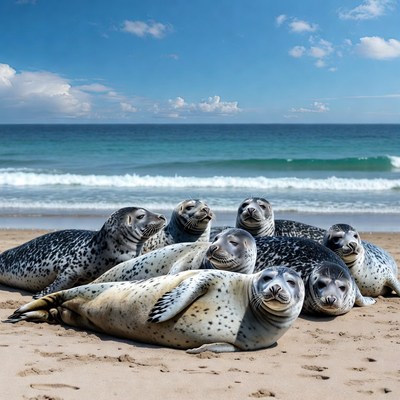Group of Harbor Seals on Beach