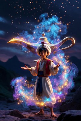 Aladdin emerging from magic lamp