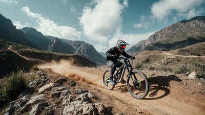 Man mountain biking on dusty trail