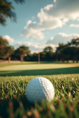Golf ball on green near flagstick